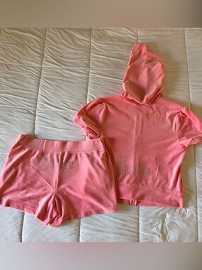 Juicy Couture Coral Pink Rhinestone Hoodie & Short Set